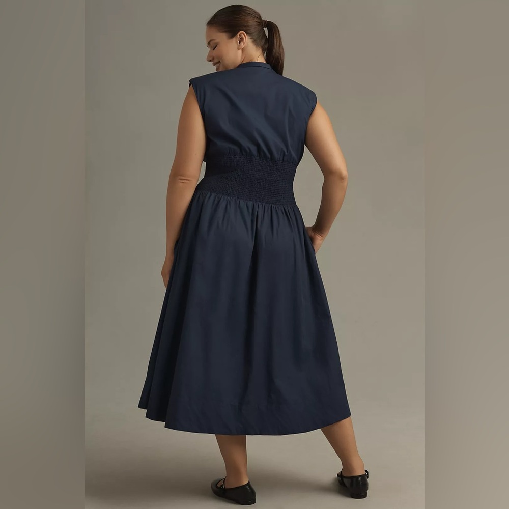 Anthropologie The Tommie Cap-Sleeve Smocked Front-Zip Shirt Midi Dress - Picture 2 of 5